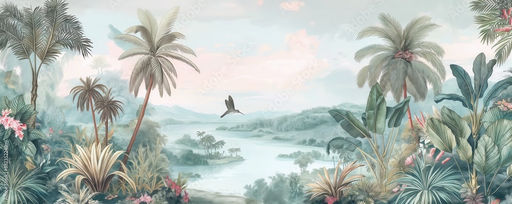 custom made wallpaper toronto digitalVintage wallpaper of a lush jungle with vibrant hummingbirds, playful wombats, and majestic palm trees in pastel hues, highlighting an enchanting rainforest with exotic flowers and rolling hills. 