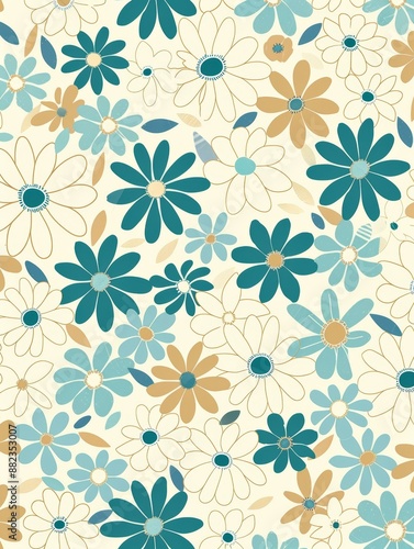 A seamless pattern of blue, white, and yellow flowers on a cream background