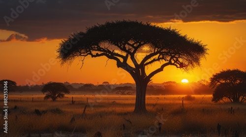 Sunset In the Savannah with tree © RENDISYAHRUL