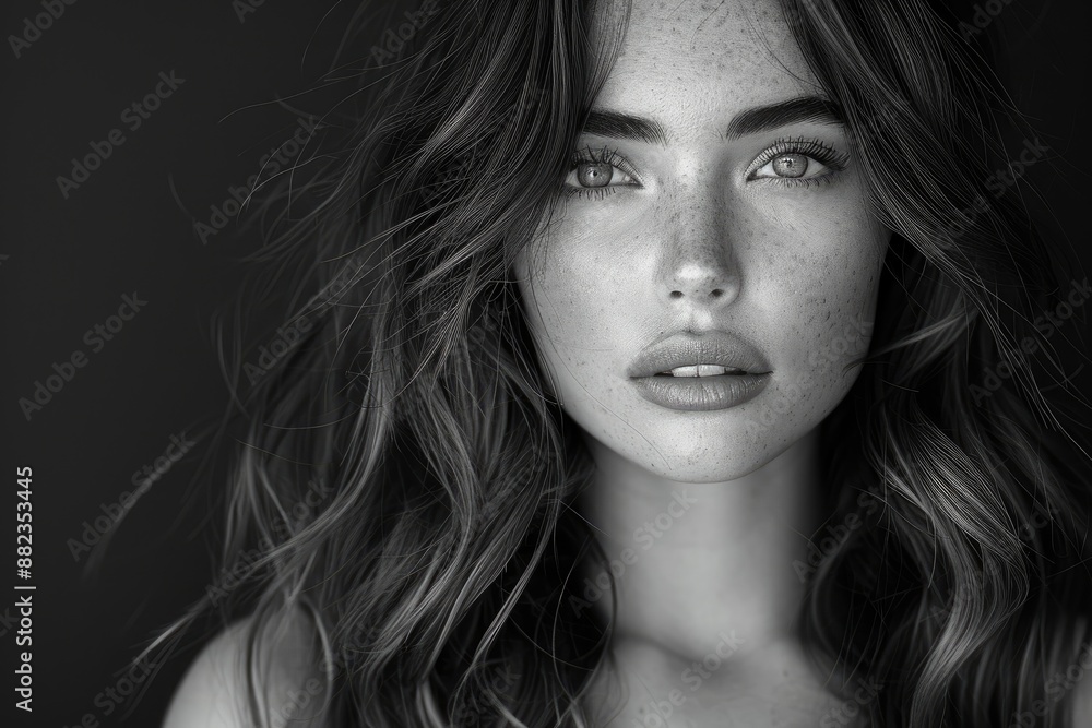A black and white portrait capturing a young woman, beautiful and elegant A black and white portrait capturing a young woman, beautiful and elegant