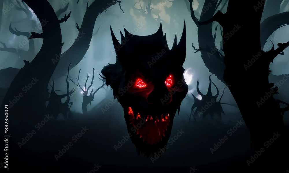 A dark, eerie forest filled with a scary monster with an evil face (mov) A dark, eerie forest filled with a scary monster with an evil face (mov)
