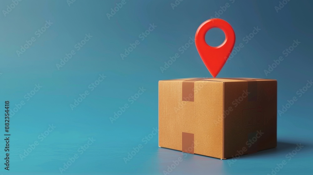 Cardboard box with red location pin on a blue background, concept of locating a package or delivery Cardboard box with red location pin on a blue background, concept of locating a package or delivery