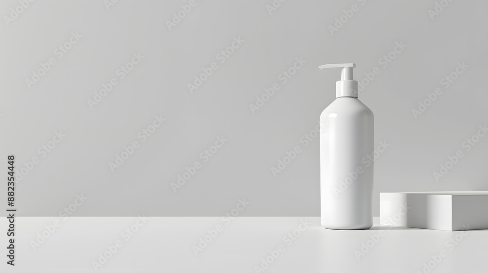 Minimalist White Plastic Pump Bottles on Reflective Surface - Indoor Hygiene Product Photography Minimalist White Plastic Pump Bottles on Reflective Surface - Indoor Hygiene Product Photography