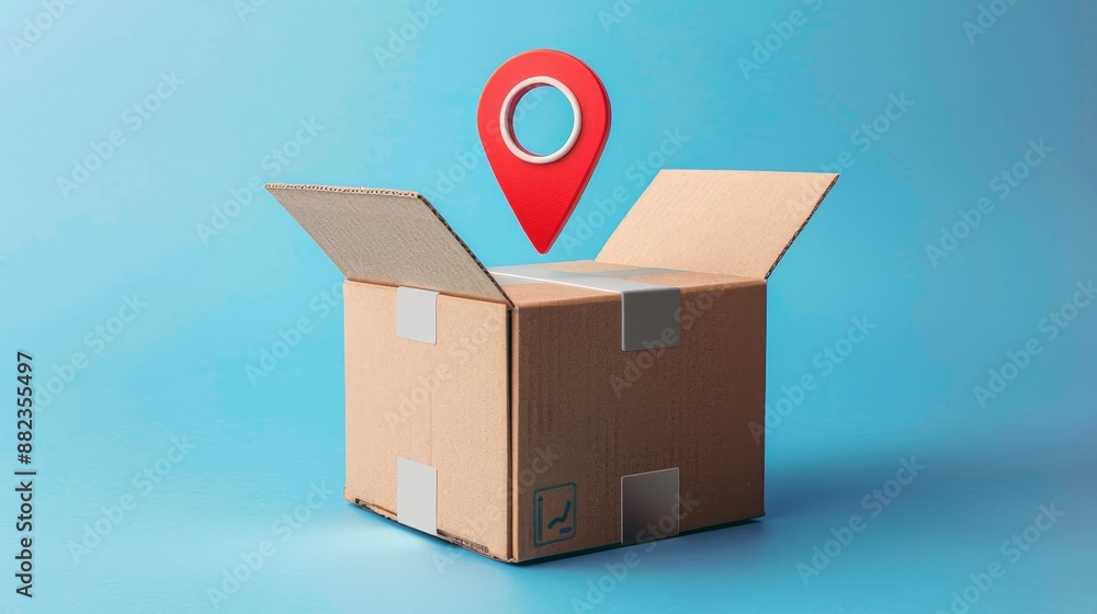 Cardboard box with red location pin on a blue background, concept of locating a package or delivery Cardboard box with red location pin on a blue background, concept of locating a package or delivery