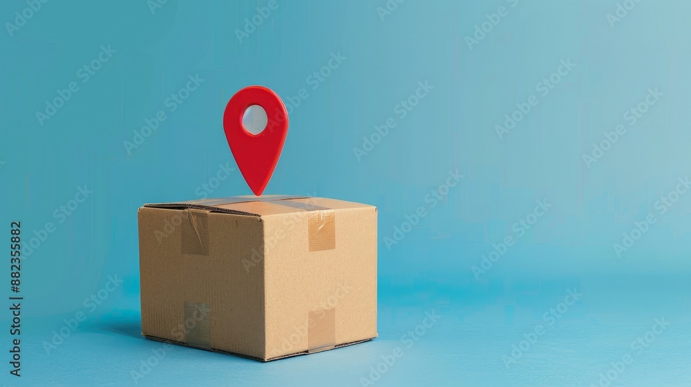 Cardboard box with red location pin on a blue background, concept of locating a package or delivery Cardboard box with red location pin on a blue background, concept of locating a package or delivery