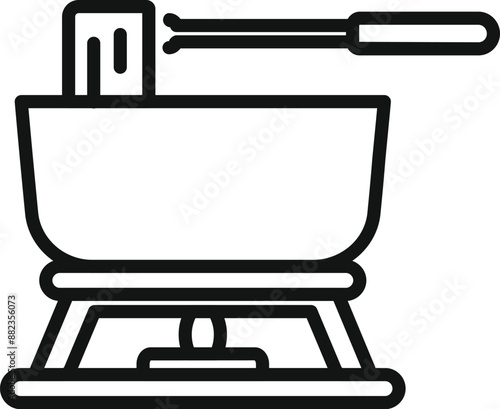 Line drawing of a fondue pot with a piece of cheese on a skewer cooking over a small fire