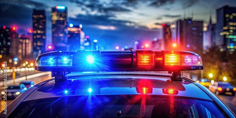 Vibrant blue and red strobe lights of a law enforcement vehicle illuminate the dark night, casting an intense glow across the surrounding urban landscape. Vibrant blue and red strobe lights of a law enforcement vehicle illuminate the dark night, casting an intense glow across the surrounding urban landscape.
