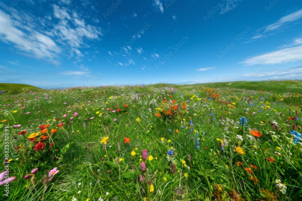 A lush green meadow bursts with colorful wildflowers under a bright blue sky, dotted with fluffy white clouds. The scene evokes a sense of spring awakening and renewal