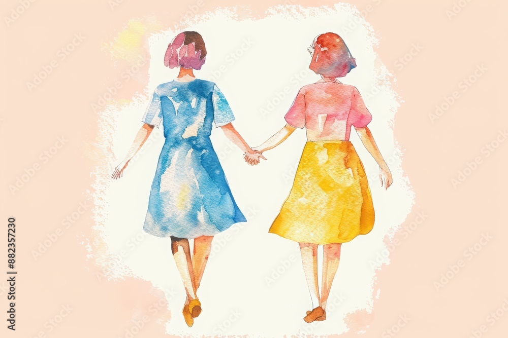 Happy friendship day, holding hands, cartoon style, cute watercolor vector illustration with pink and yellow colors. colorful shapes in the corners, stars and hearts around. Happy friendship day, holding hands, cartoon style, cute watercolor vector illustration with pink and yellow colors. colorful shapes in the corners, stars and hearts around.