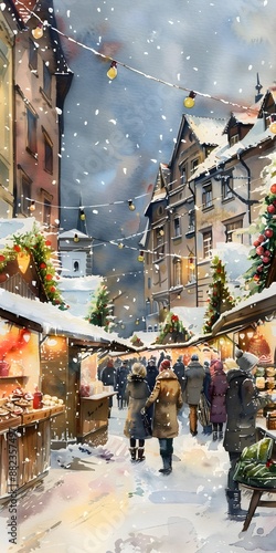 Snowfall adorns a cozy street market lined with festive stalls, adorned with Christmas decorations, lights, and shoppers in warm clothing.