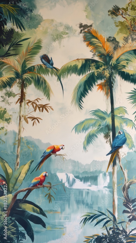 custom made wallpaper toronto digitalVintage wallpaper of a tropical grove with vivid parrots, sprawling branches and crystal lakes in pastel shades. mural art style. 