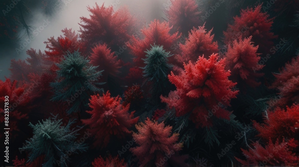 Aerial view Crimson forest mist Aerial view Crimson forest mist
