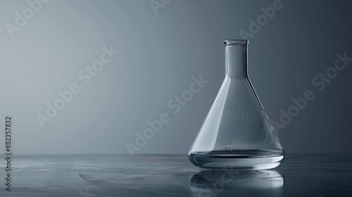 Closeup view of a transparent glass test flask containing white liquid isolated on a grey background representing laboratory tests and research in chemistry science or medical biology