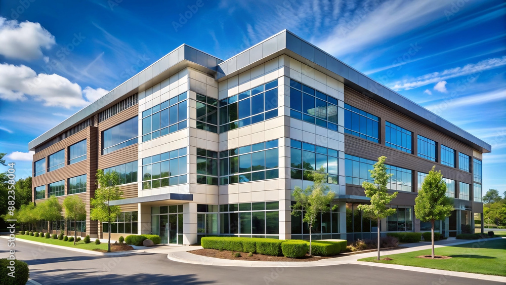 Modern suburban low rise office building., modern office building with sky Modern suburban low rise office building., modern office building with sky