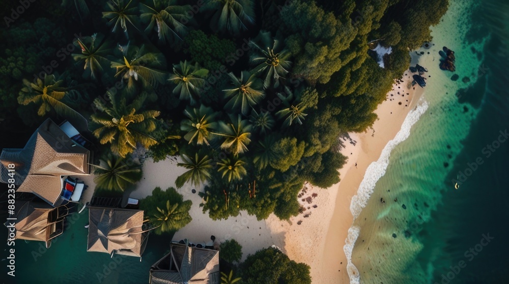 Aerial view of the beach with resort and trees Aerial view of the beach with resort and trees