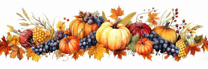 A group of fruits and vegetables on a table. Thanksgiving clipart on white background.