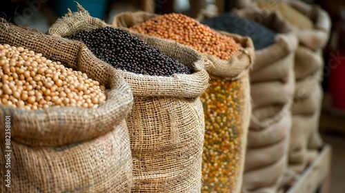 Assorted legumes in burlap sacks in a row