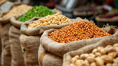 Assorted legumes in burlap sacks in a row