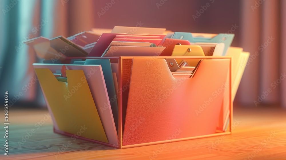 A 3D-styled box filled with organized folders of documents.
A 3D-styled box filled with organized folders of documents.