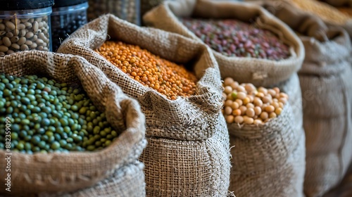 Assorted legumes in burlap sacks in a row