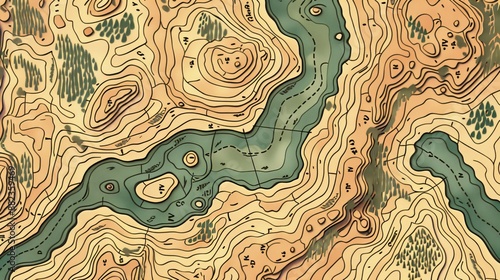 A highly detailed, fictional topographic vector map complete with various symbols.

