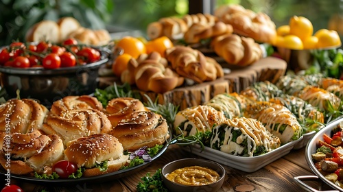 A breakfast buffet with rolls cheese and several vegetables