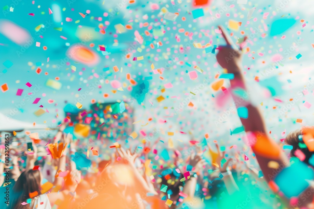 people dancing at a festival with a lot of flying confetti in the fore ground people dancing at a festival with a lot of flying confetti in the fore ground