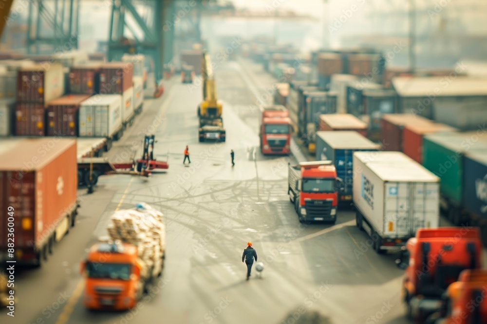 Obraz premium A high-angle view of a busy shipping dock with workers loading cargo containers onto trucks and ships