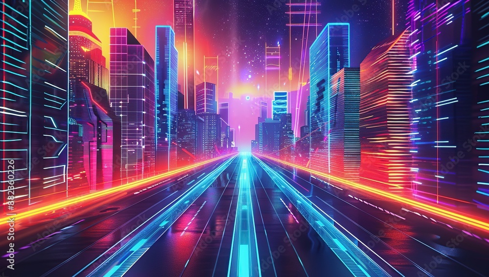 Neon Cityscape with Futuristic Road Neon Cityscape with Futuristic Road