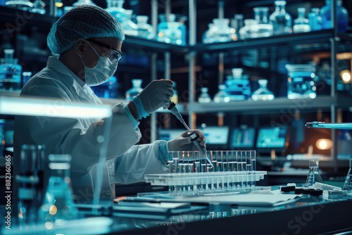 Scientist holding test tubes for test and view of Laboratory equipment microscope 
