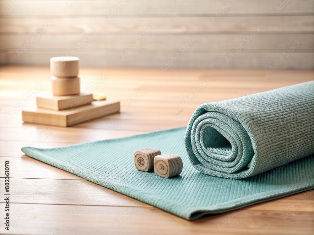 Serene minimalist background with a tiny abandoned yoga mat, a pair of mini blocks, and a child-sized folded blanket, evoking a sense of peaceful practice.