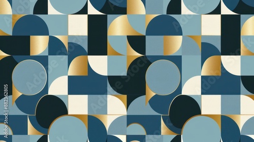 A seamless pattern featuring abstract geometric shapes in a mid-century modern style, perfect for stylish backgrounds.