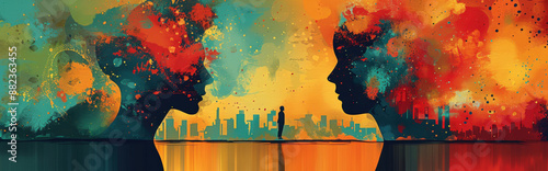 illustration with two overlapping yet distinct color schemes or scenes, symbolizing the coexistence of multiple realities experienced in schizophrenia, where different worlds blend and clash