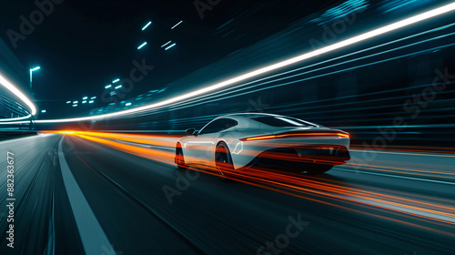 Futuristic Car Speeding Through City at Night