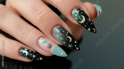 Velvet Night: These nails are painted a deep, velvety black, with a matte finish that exudes sophistication. Each nail is adorned with tiny, silver crescent moons and stars