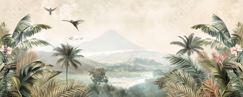 Vintage wallpaper of a tropical paradise with hummingbirds, coconut trees and distant volcanoes in soft pastel shades. mural art style.  © Nika