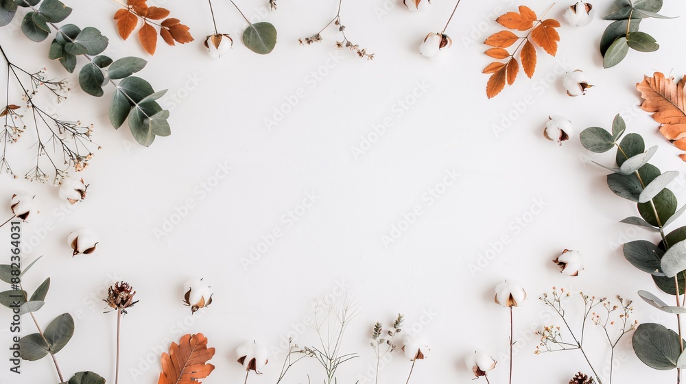 Minimalist autumn botanical background with leaves and flowers Minimalist autumn botanical background with leaves and flowers