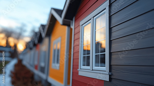 Vinyl siding panels are hung on a hook and feature a smooth surface with wood grain textures and a muted color palette. © Yavor