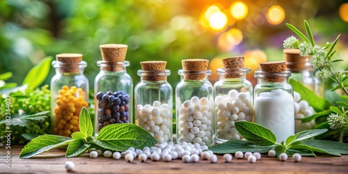 Natural blurred background highlights bottles of white homeopathic globules and assorted herbs, showcasing alternative medicine practices for a healthy and balanced lifestyle.