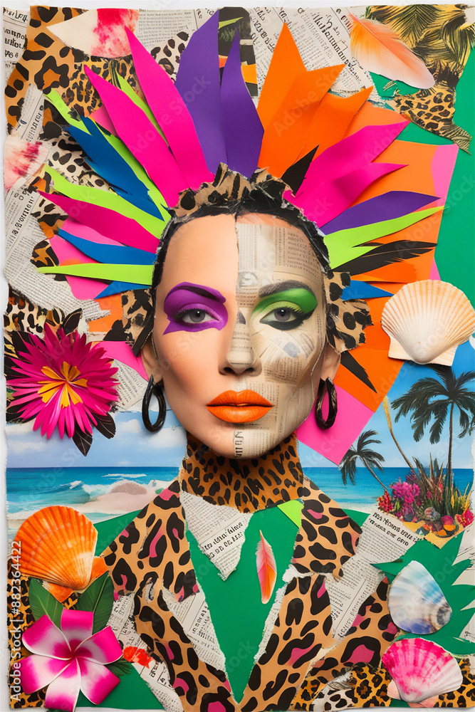 Obraz premium A poster of a woman collage with a colorful hat and a colorful hat with a woman wearing a colorful headband 