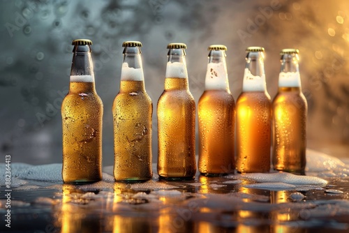 A row of six glass beer bottles, chilled and sweating, are arranged on a modern minimalist surface