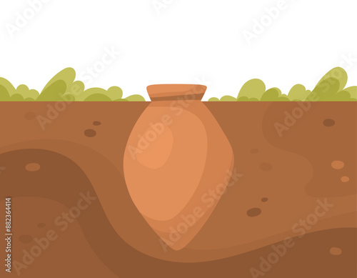 A traditional Georgian qvevri, a large clay vessel used for winemaking, buried in the ground. Vector illustration in flat style isolated on white background
