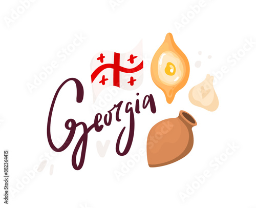 Illustration of the country of Georgia: lettering, flag, khachapuri, khinkali and qvevri in flat style. Vector isolated on white background