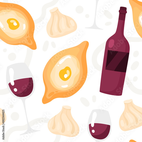 Seamless pattern georgian cuisine. Khachapuri, khinkali and wine in flat style. Vector illustration isolated on white background
