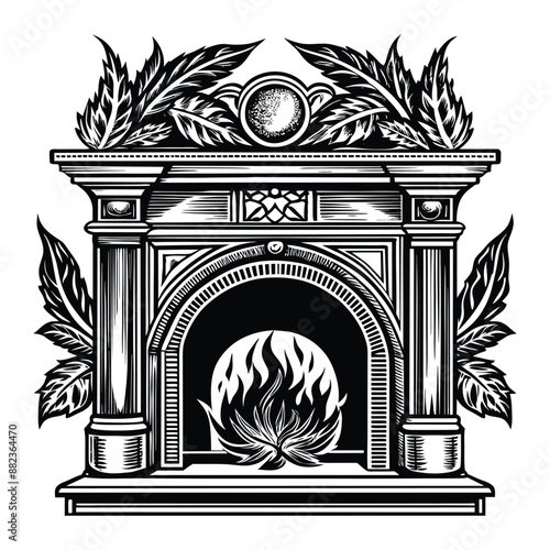 coloring book fireplace mantel on white background BLACK. AI GENERATED