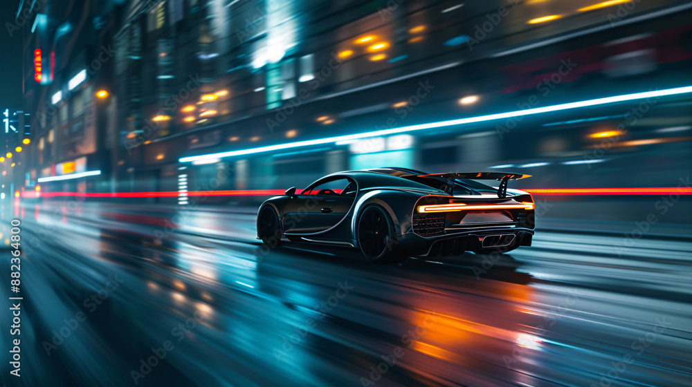 Sleek Sports Car Speeding Through City at Night Sleek Sports Car Speeding Through City at Night