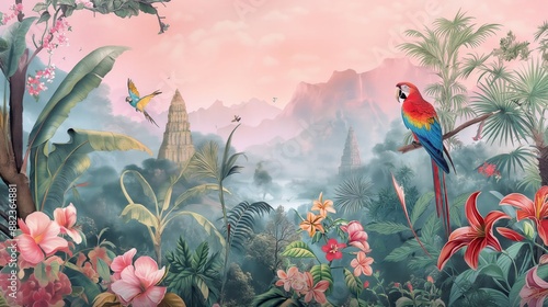 Vintage wallpaper of a vibrant jungle with macaws, flowering trees and ancient temples in pastel palettes. mural art style. 