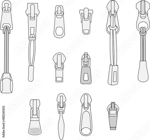 Zipper Pull Technical Fashion Illustration Outerwear Design Trims Mock-up Template for Sportswear and Tech Packs