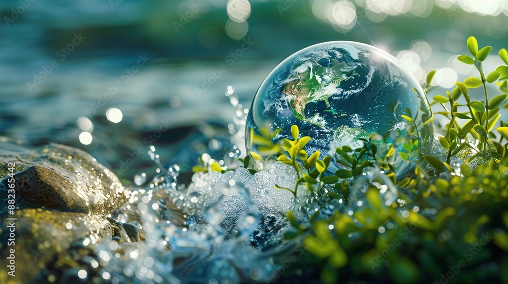 Earth Globe Surrounded by Water and Plants Earth Globe Surrounded by Water and Plants