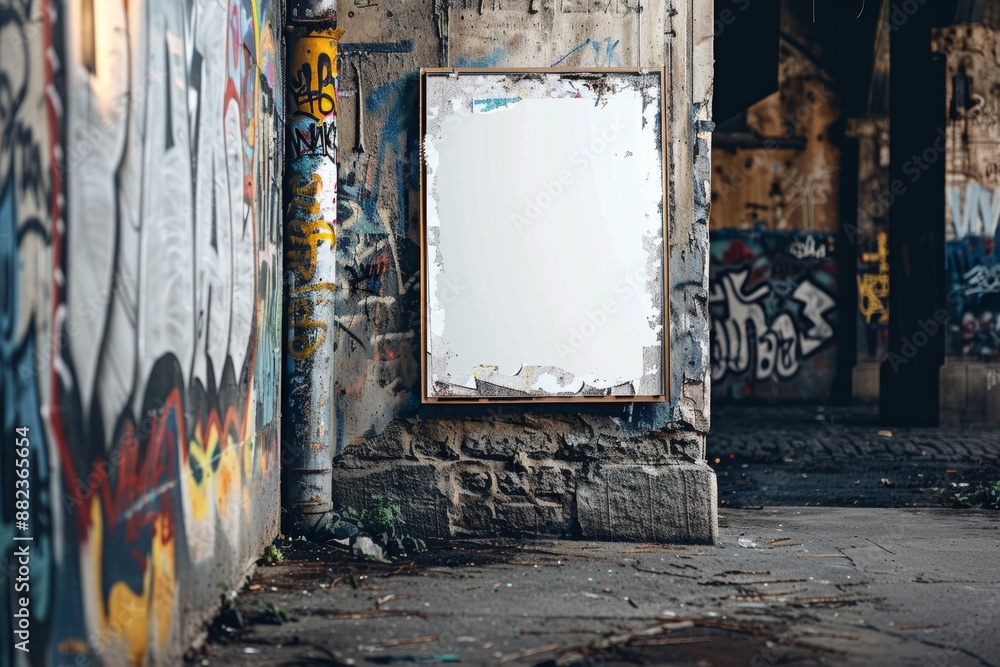 Naklejka premium A blank poster mockup on a graffiti-covered concrete wall in an urban setting with a wooden frame and remnants of old posters, surrounded by vibrant colors and textures